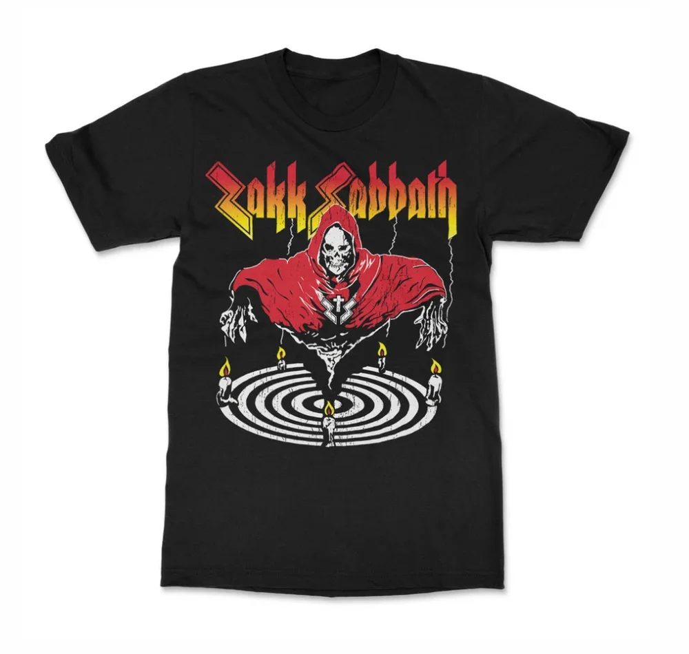 Zakk Sabbath Band Print with Gradient Band Logo Red Hooded Skeleton Wizard Candle Magic Circle and Glow in Dark Graphic T Shirt