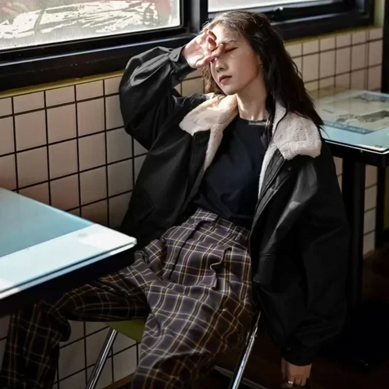 여성용 두꺼운 벨벳 짧은 PU 가죽 재킷, 루즈 가죽 재킷, 웨스턴 스타일 코튼, 스티치 라펠, 하이 스트리트, 신상