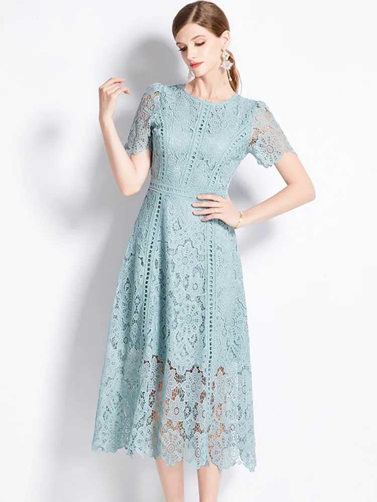SMTHMA Vintage High-End O-Neck Short Sleeve Lace Hollow Out Dress For Women\'s Summer Slim Elegant Long Dress Female Clothing