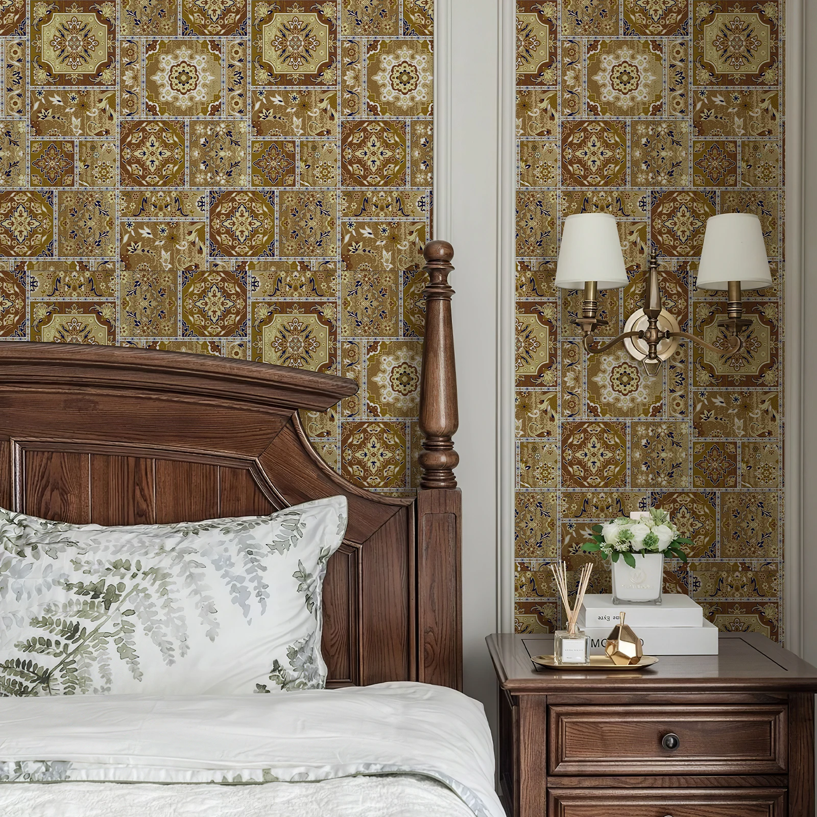 

Vintage Yellow Tile Pattern Bohemian Self Adhesive Wallpaper Peel Stick Vinyl for Kitchen Bathroom Home Decor Waterproof