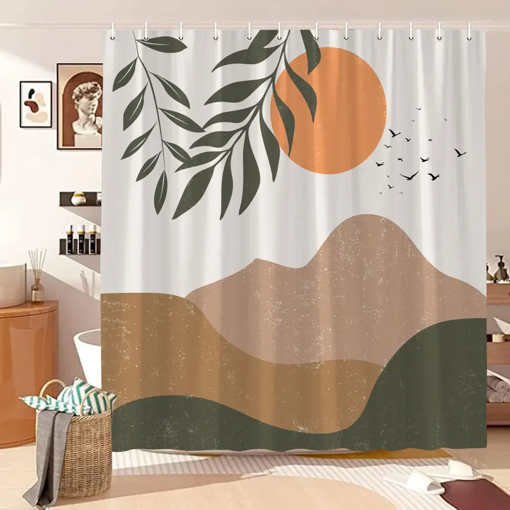 Vintage Mid Century Pattern Shower Curtain Abstract Lines Sun Leaves Bohemian Polyester Shower Curtain Bathroom Decor with Hooks