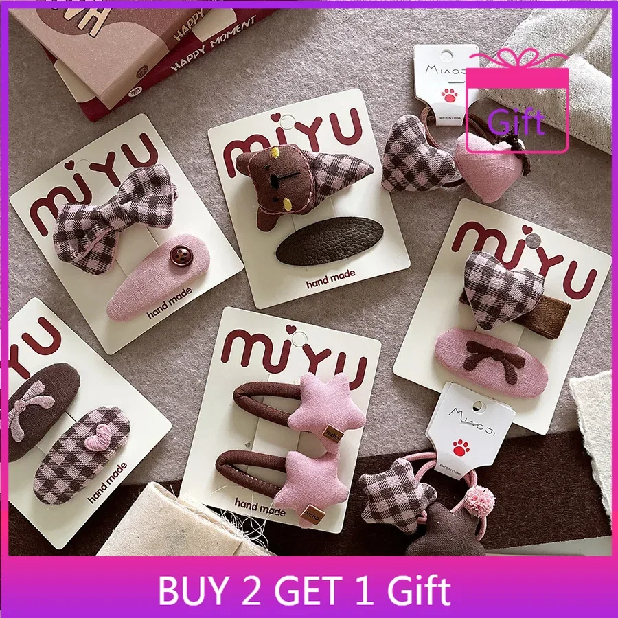 

Girls Hair Accessories Set Korean Style Fabric Bows 2pcs Plaid Star Clips Hypoallergenic Soft Edges No Pull Toddler Snap Clips