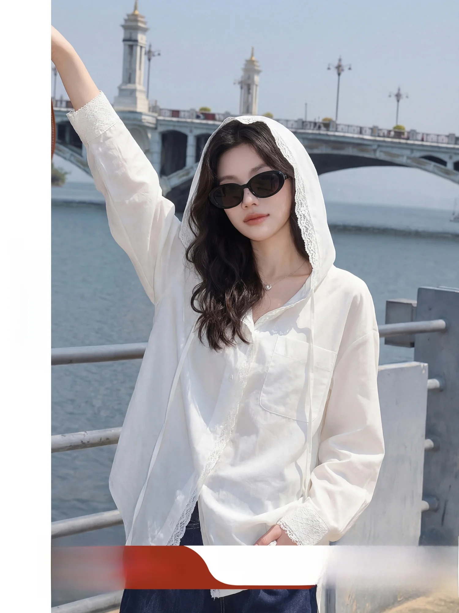 

Модная свободная рубашка с кружевными вставками и защитой от солнца, весна-лето, новый стиль, женская, в корейском стиле, с длинными рукавами, на пуговицах...