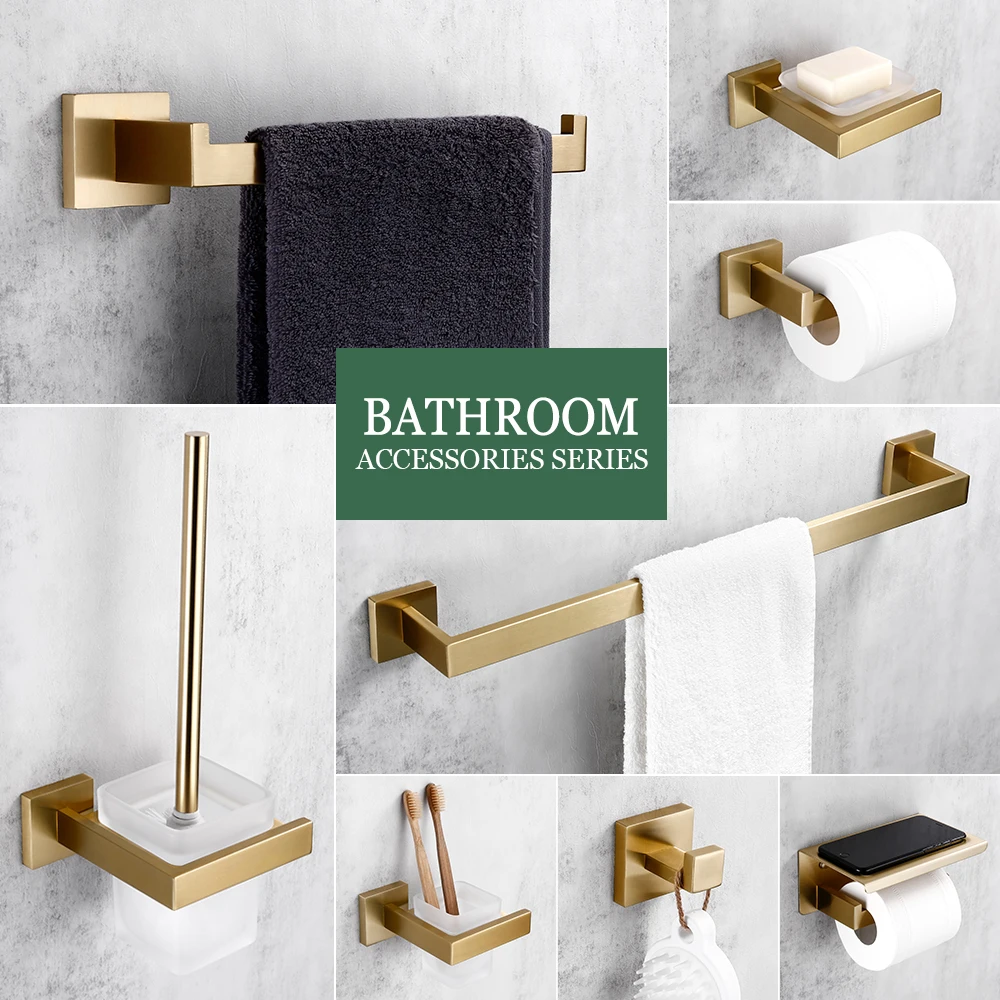 Matte Gold Towel Rack 304 stainless steel Towel Bar Double Towel Shelf Paper Holder Tissue Holder Toilet Brush Holder