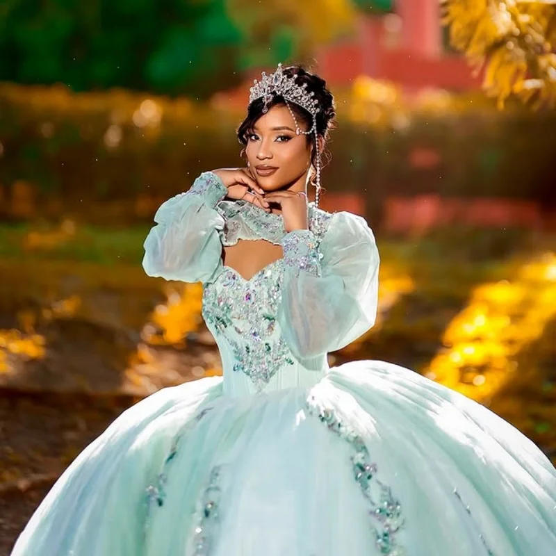 

Блестящее небесно-голубое платье Quinceanera, кружевное тюлевое блестящее платье с длинным хвостом, платья de 15, Quinceanera ﻿ Индивидуальный