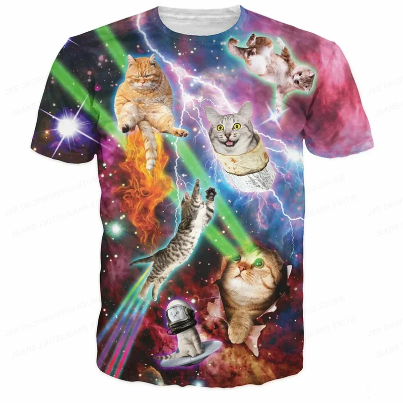 3D Printed Funny Cat T Shirt For Men Animal Food Pattern Tees Summer Street Oversize Short Sleeve Tops Loose Round Neck T-Shirts