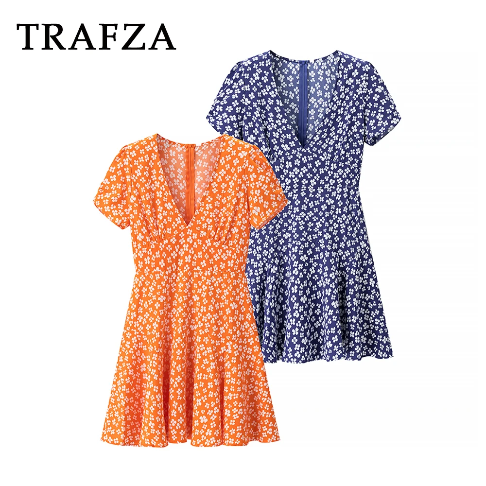 Trafza moda 2025 vintage laranja impressão primavera vestido chique bohe vestido com decote em v manga curta férias plissado impressão mini vestidos