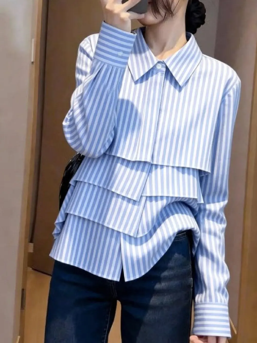 Blue Lapel Striped Shirt Elegant Ruffle Hem Long Sleeve Blouse Women's Unique Design Single-breasted Top For Spring 2026