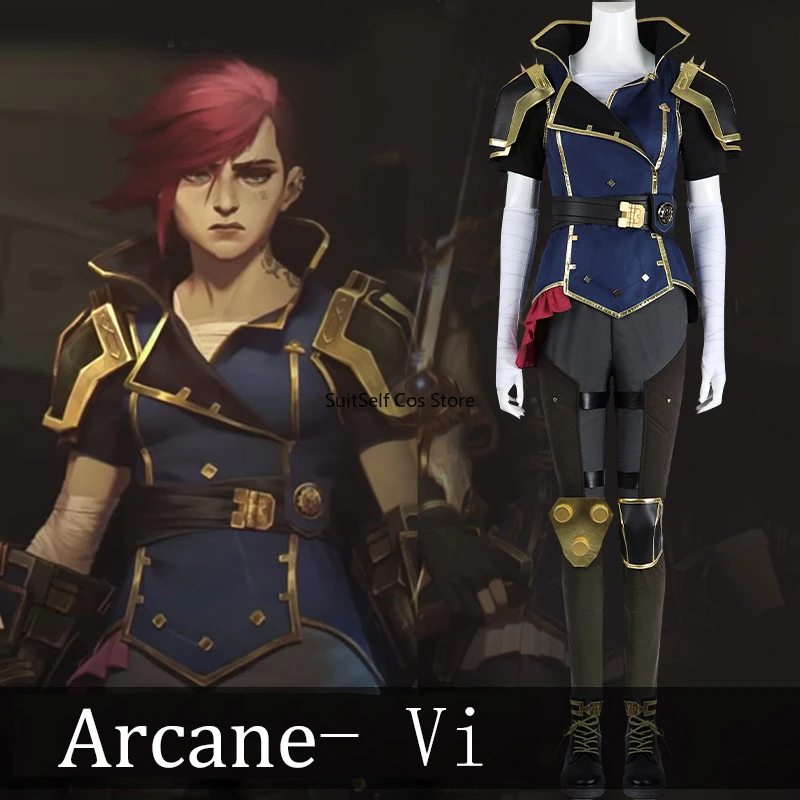 LOL Vi Cosplay Costume Wig Outfits Arcane: League of Legends Vi Battle Suit Halloween Game Clothing