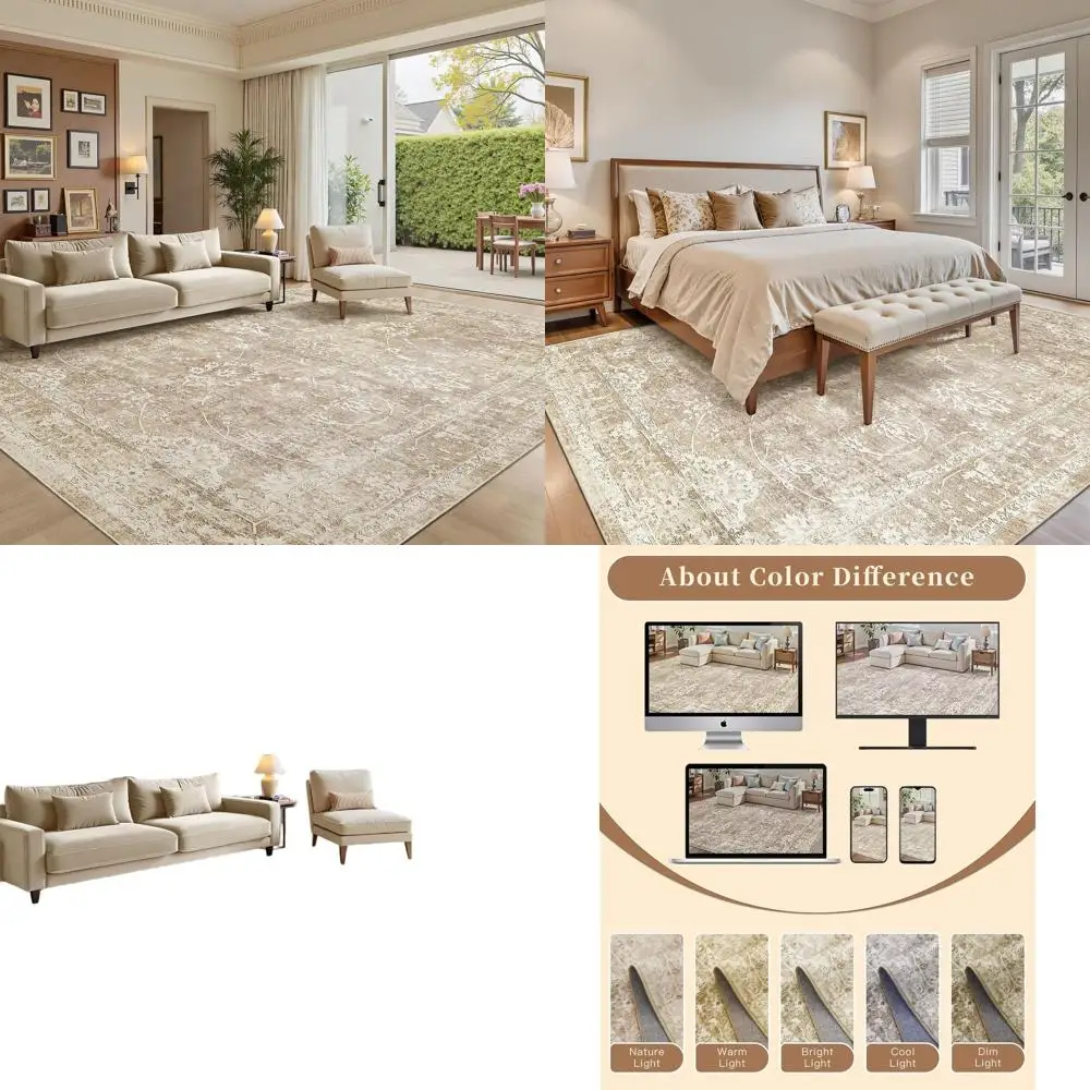 Vintage Beige/Brown 8x10 Rug, Soft and Machine Washable with Non-Slip Backing for Living Room and Bedroom