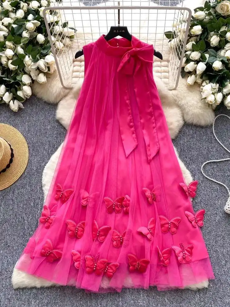 

Summer Bow Tie Hanging Neck Sleeveless Dress Women French Three-dimensional Butterfly Mesh Dresses Ladies Vintage Long Robe