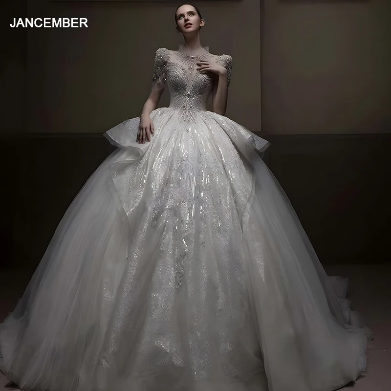 

Jancember Factory Wholesale Novelty Wedding Dresses For Women Ball Gown Short Sleeves Crystal Lace Up Vestido De Novia LSHT037