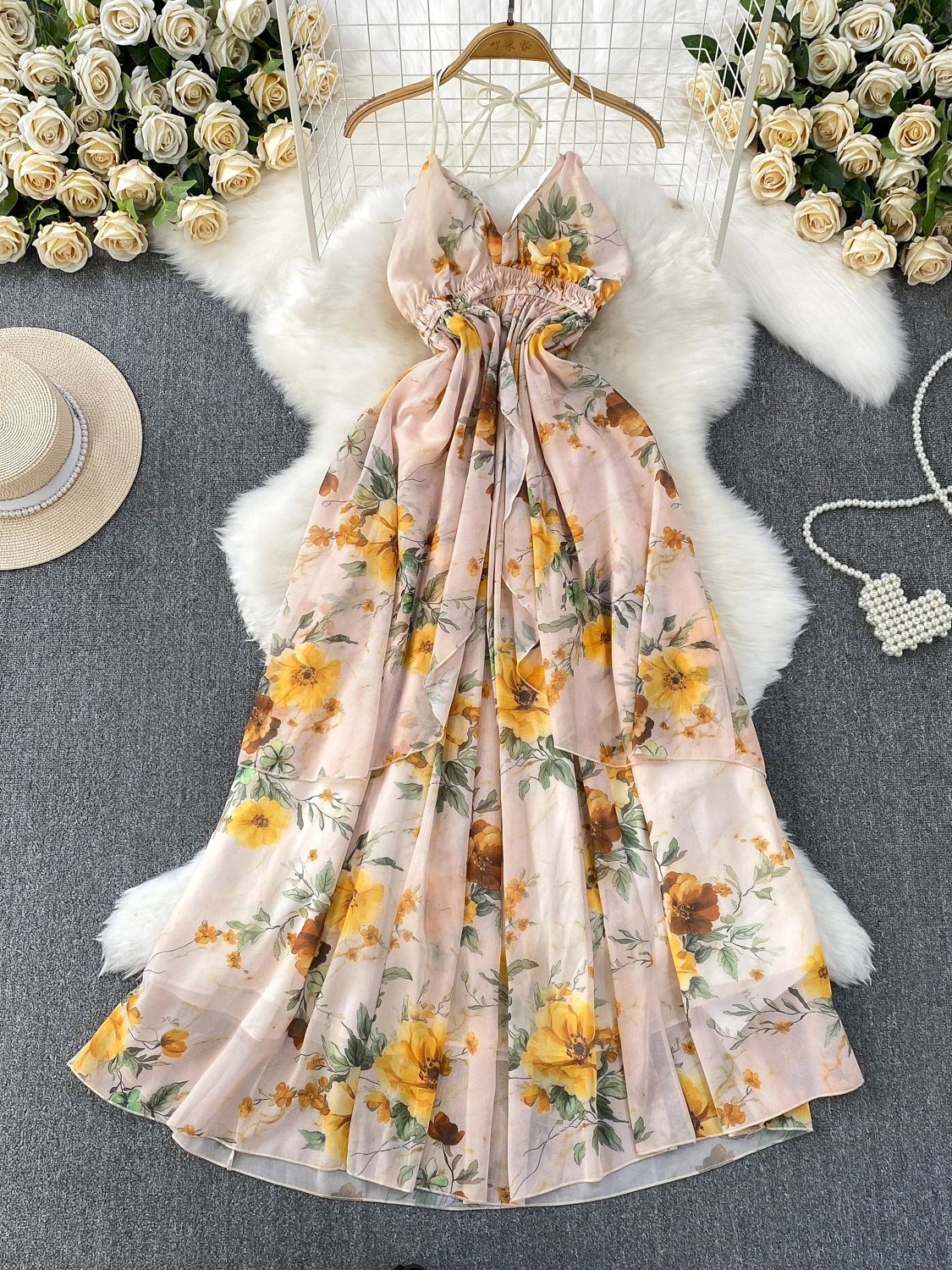 

Vacation Boho Beach Print Flroal Long Dress Women Summer Sleeveless V Neck Backless Dress Evening Party Birthday Dresses Womens