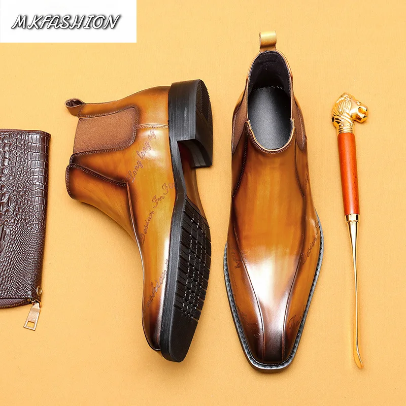 Men's Genuine Leather Business Dress Short Boots Pointed Toe Carving Ankle Boot Casual Booties