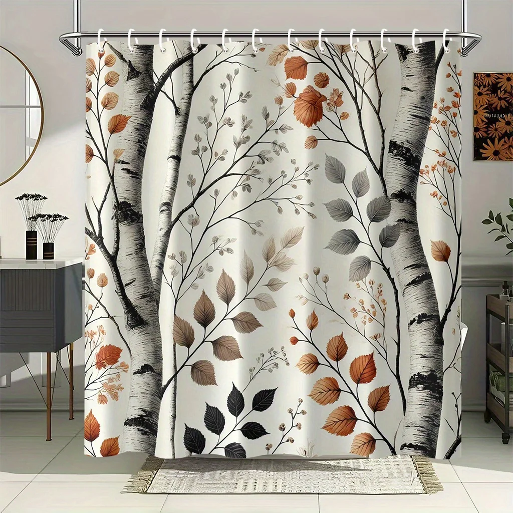 

1 шт., занавеска для душа с осенними листьями и белыми деревьями, полиэфирная ткань, можно стирать в машине, идеально подходит для украшения ванной комнаты