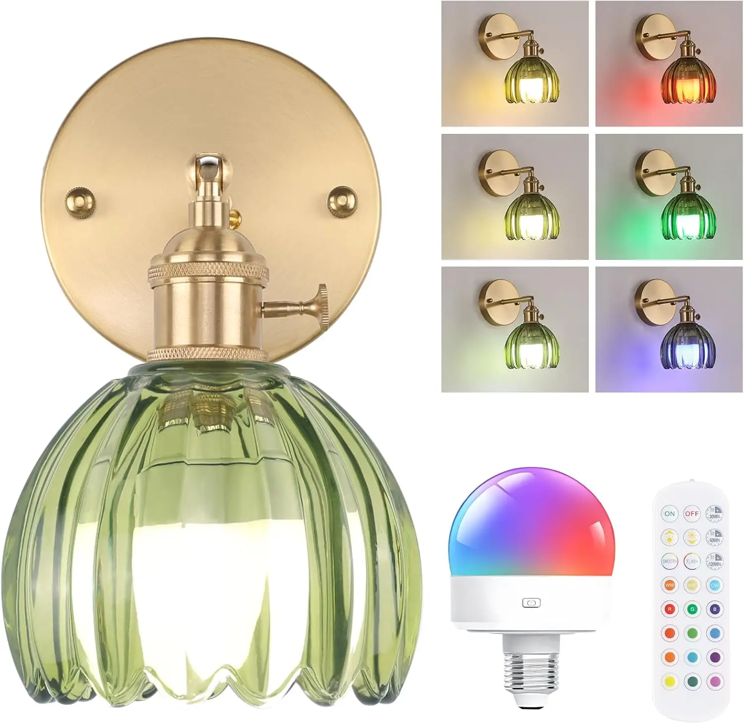 

Vintage Battery-Powered Wall Sconce with Green Tulip Glass Shade, Wireless Rechargeable, Remote-Controlled for Bedside or