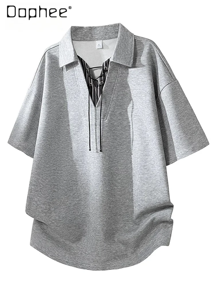 

Men's Summer New Black White Gray Lace-up Design Polo Shirt Casual Loose Short Sleeve V Neck Casual Everyday T-shirt