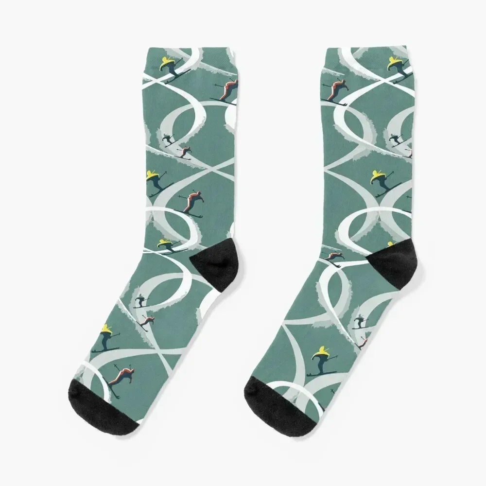 Mid Century Figure 8 Skiers in Retro Style on Teal Socks golf cycling Stockings man hiphop Boy Socks Women's