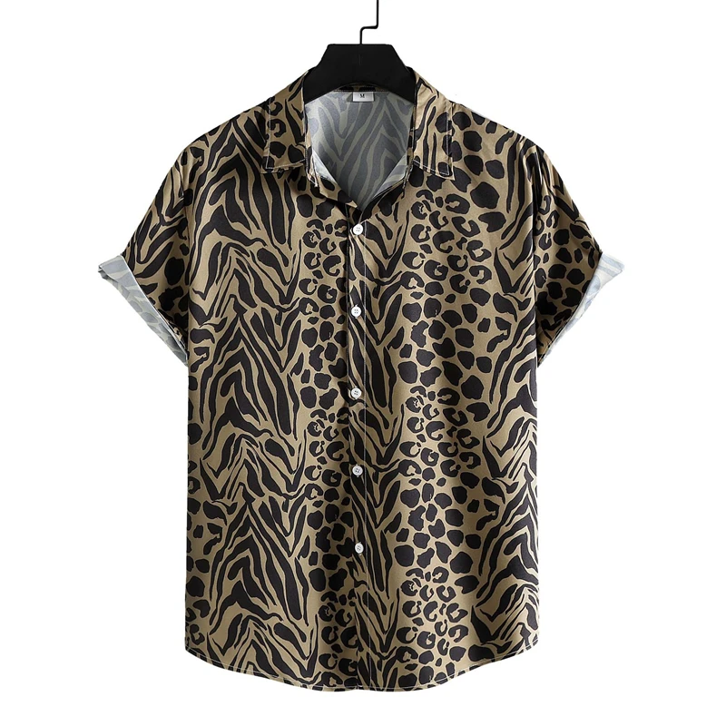 Hawaii Men's Shirt Leopard Printed Harajuku Blouse Womens Short Sleeve Shirts Casual Button Lapel Oversized Unisex Camisa Tops