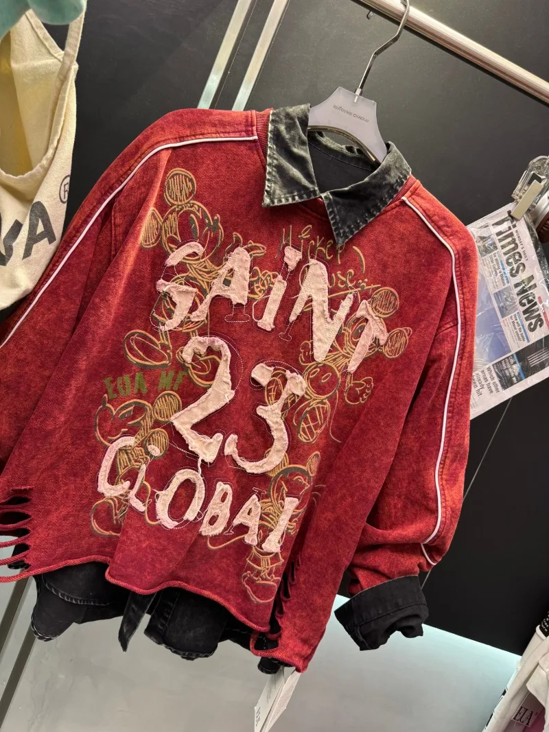 Heavy Embroidery Letter Crew Neck Sweatshirt Ladies Loose Fit Versatile Slimming Top 2025 Autumn New Long Sleeves Sudaderas Coat