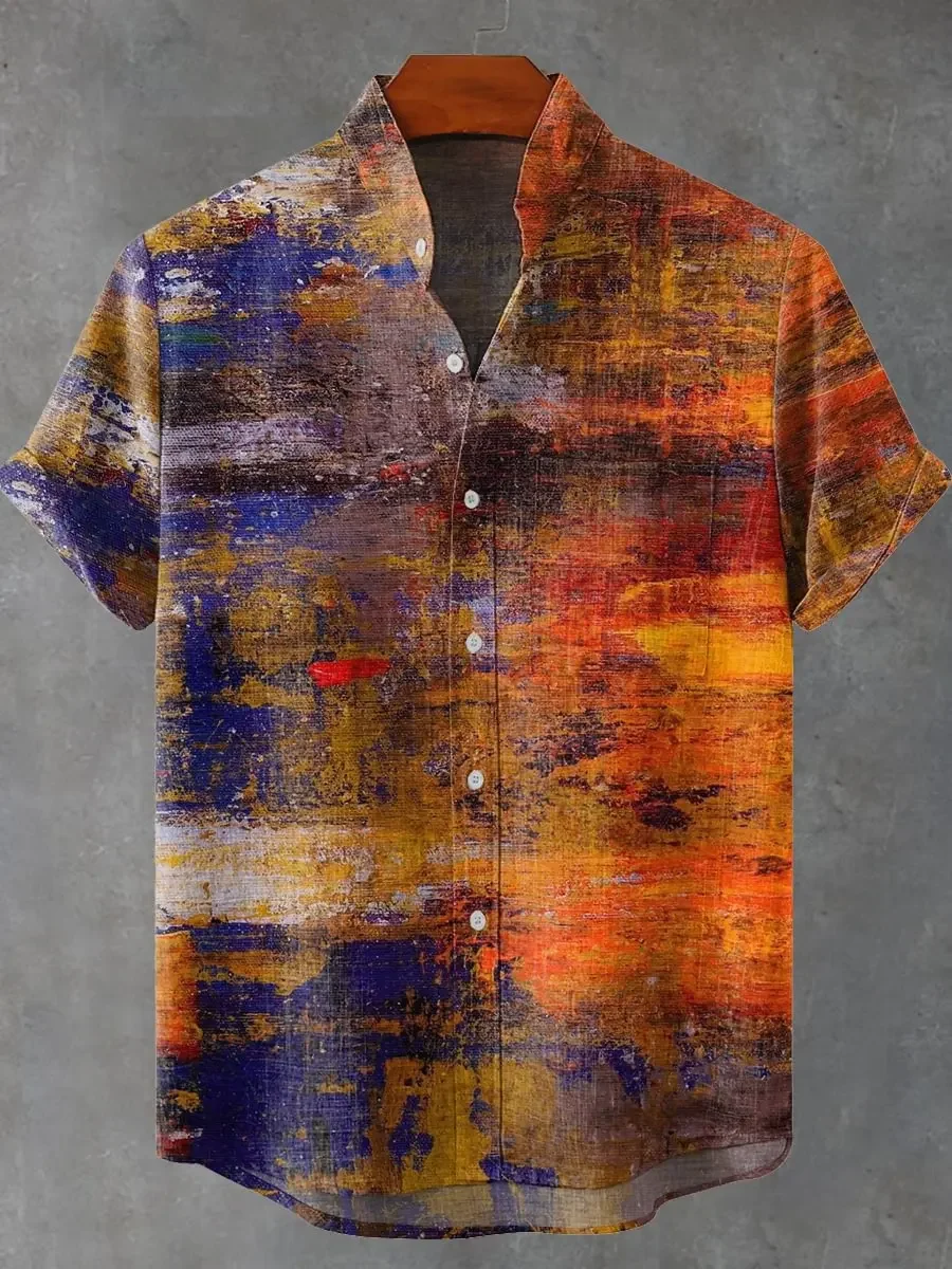 Men's Vintage Fish Pattern Art Shirt Short Sleeves Linen Casual Geometric 3D Printed New Summer Collection