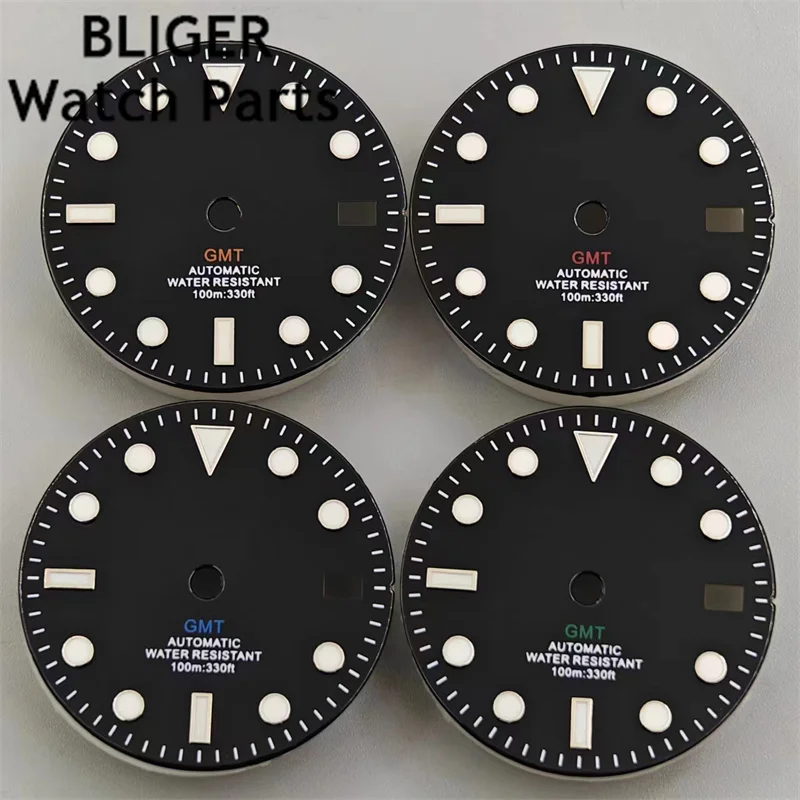 BLIGER 29mm Glossy Black Dial Green Red Blue Orange GMT Text Watch Dial Fit NH34 GMT Dial Blue/Green Luminous Watch Parts