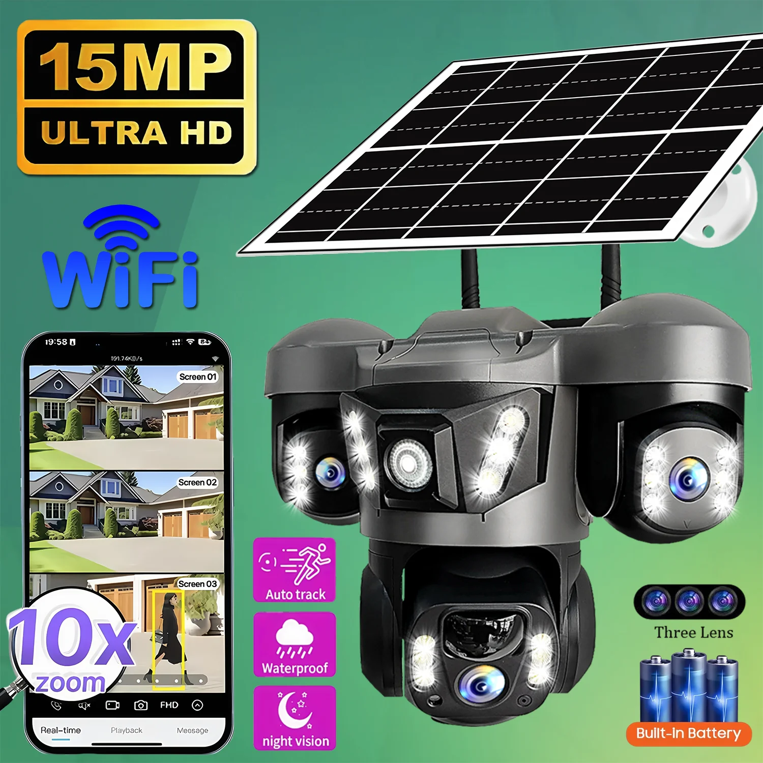 كاميرا واي فاي تعمل بالطاقة الشمسية في الهواء الطلق كاميرا متحركة مقاومة للماء بدقة 15 ميجابكسل تعمل بالبطارية إنذار مراقبة الكاشف للرؤية الليلية CCTV