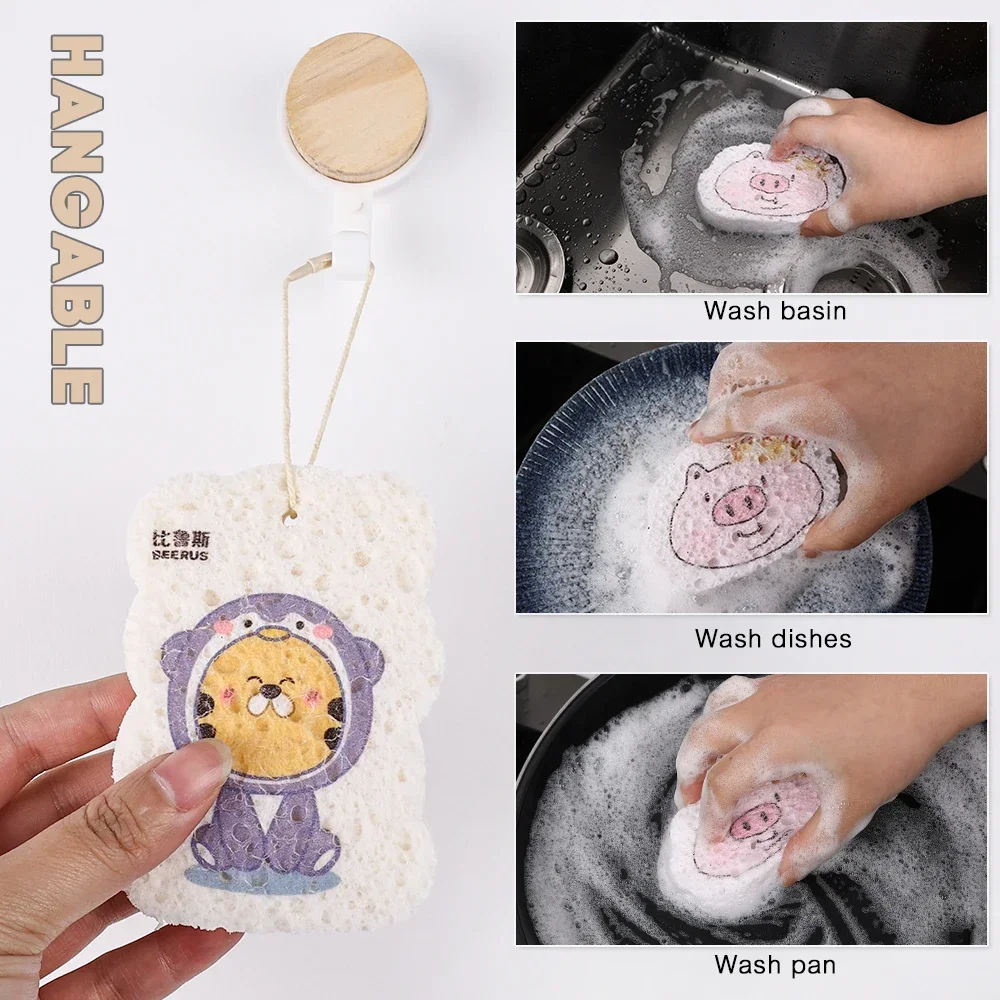 5/1pcs Dishwashing Sponge Wipe Cartoon Scouring Pad Cute Compressed Wood Pulp Cotton Kitchen Pot Dish Brush Cleaning Accessories