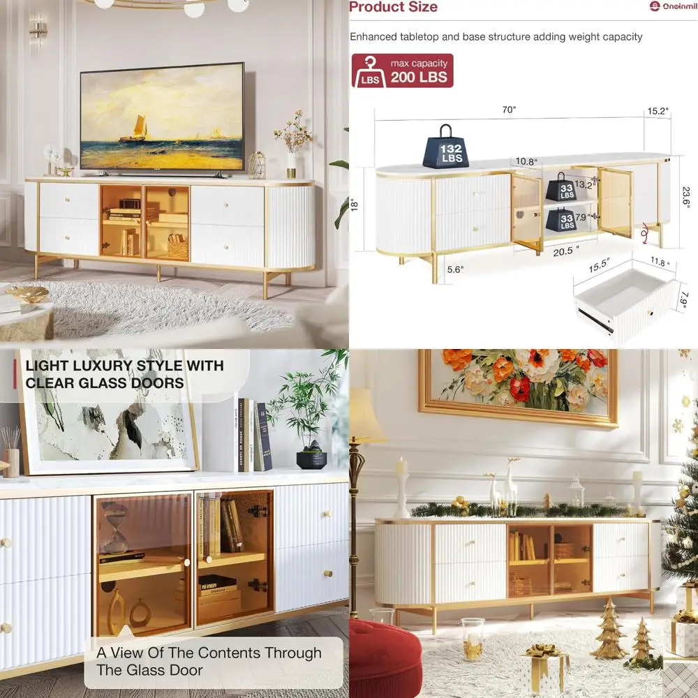 oneinmil Luxury 70 Fluted TV Stand for TVs Up to 75, Modern Entertainment Center with Faux Marble Top, Media Console with Curved