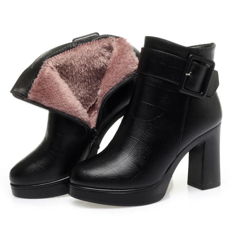 Winter Black Thick High Heel Ankle Boots Women 2024 Keep Warm Fashion Elegant Short Buckle Decoration Leather Boots