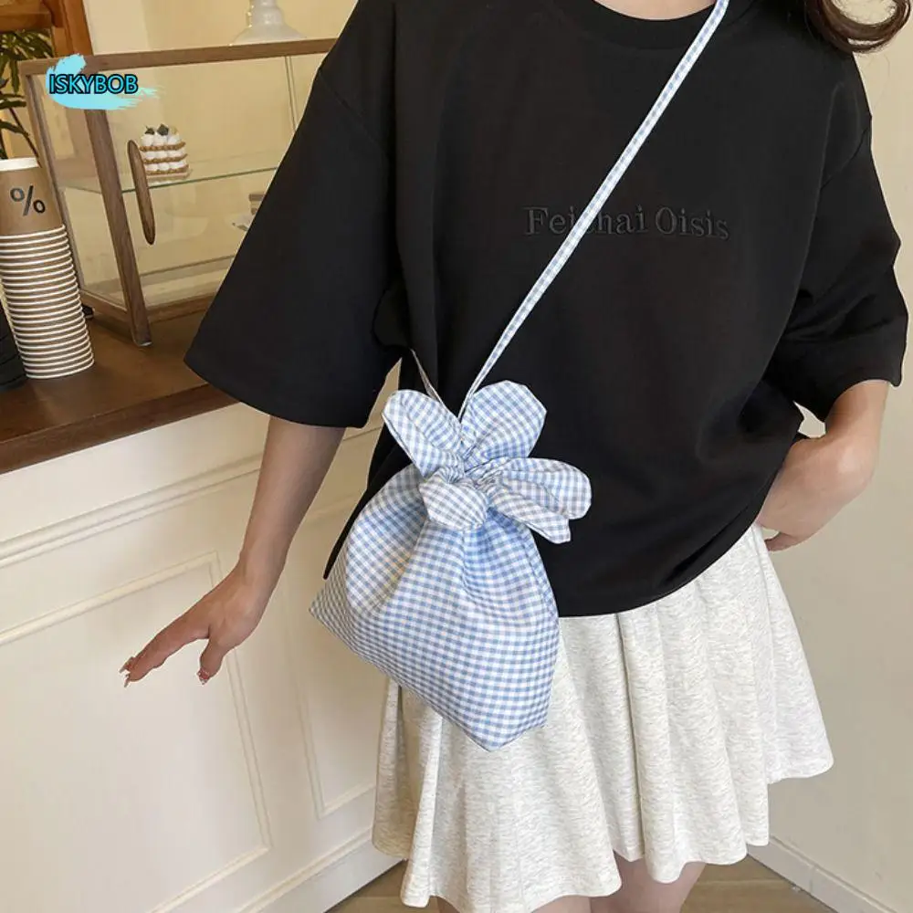

Lightweight Korean Style Plaid Drawstring Bag Printing Cloth Flower Handbag Bundle Pocket Storage Bag Shoulder Bags Shopping