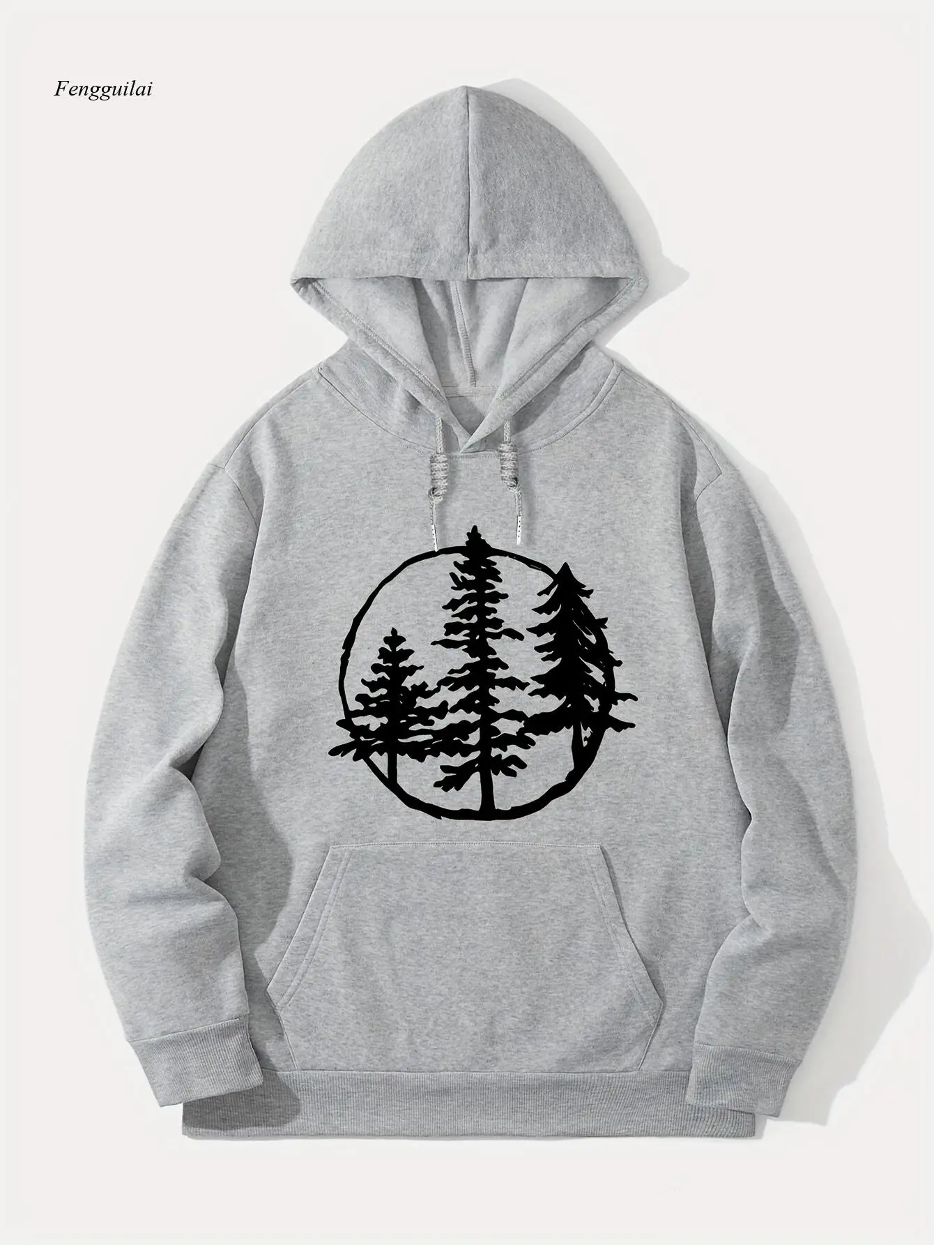 Tree Print, Casual And Cozy Hoodies, Trendy Long Sleeve Hooded Sweatshirt, Casual Versatile Top For Autumn Winter