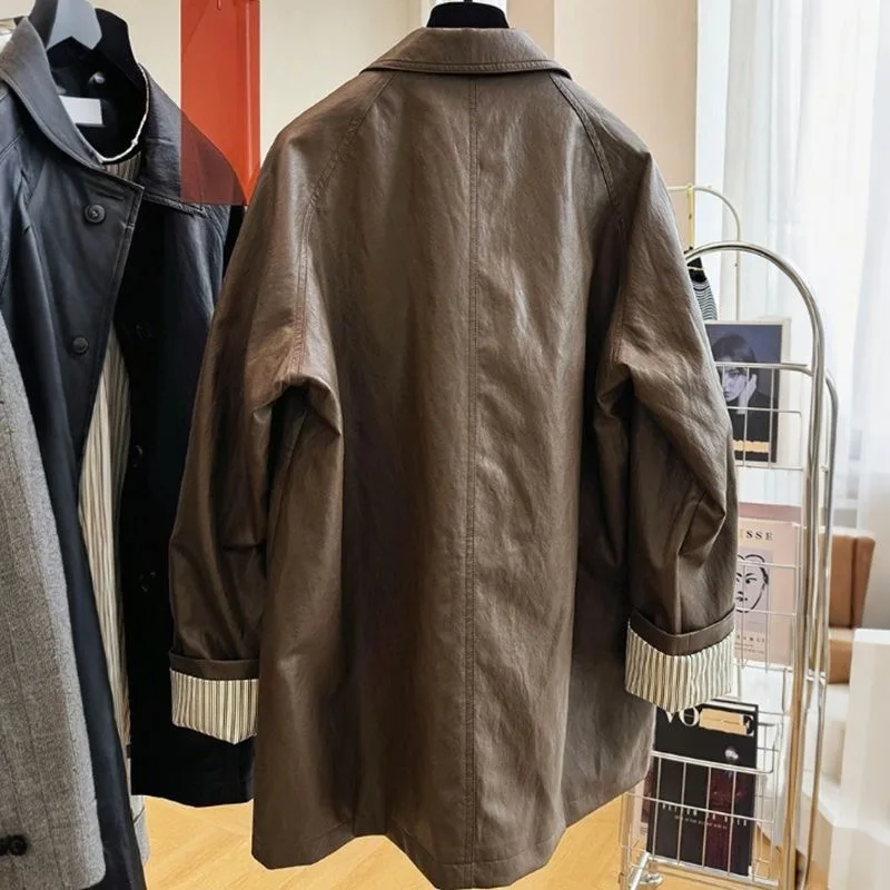 Otoño Invierno abrigo de cuero medio largo mujer 2025 nueva moda chaqueta Casual suelta Color puro prendas de vestir exteriores Mujer