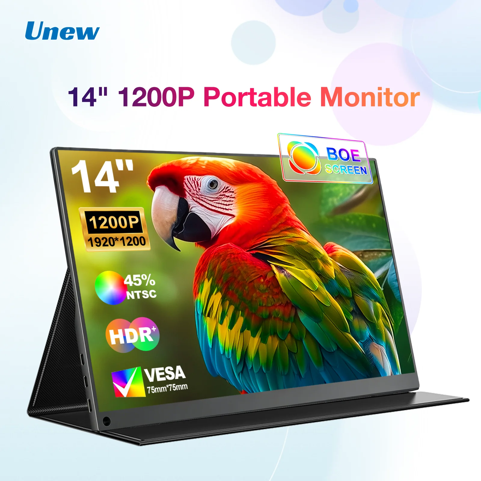 Unew 14 inch Portable Monitor 1920x1200 IPS Screen Work Gaming Display with HDMI Type-C VESA 75*75mm for PS Xbox Second Dispaly