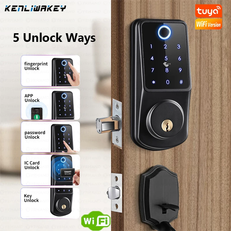 Smart Door Lock Tuya WiFi Fingerprint Biometric Digital Electronic Lock App Password Card Key Unlock Keyless Entry Home House