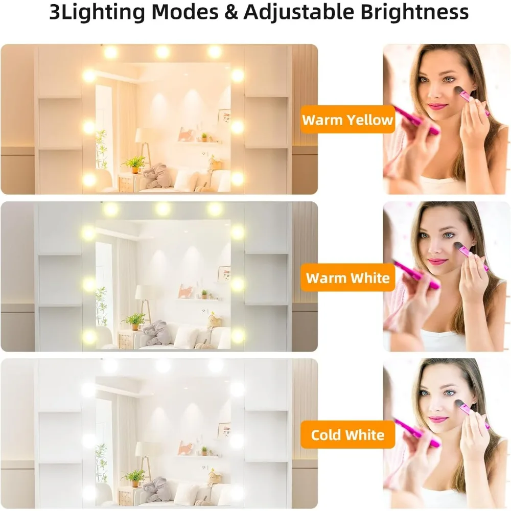 Vanity Desk with Lights, 9 LED Lights Desk, Vanity Set with Storage Bench, 3 Lighting Modes Brightness Adjustable, Dressers