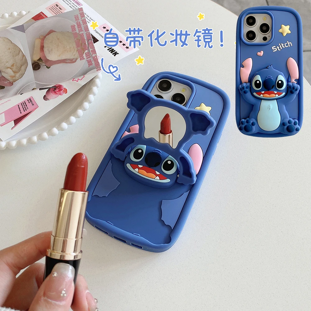 For iPhone 16 15 14 13 12 11 Pro Max Kawaii 3D Cartoon Stitch Case Soft Silicone Cover With Makeup Mirror Stand Holder