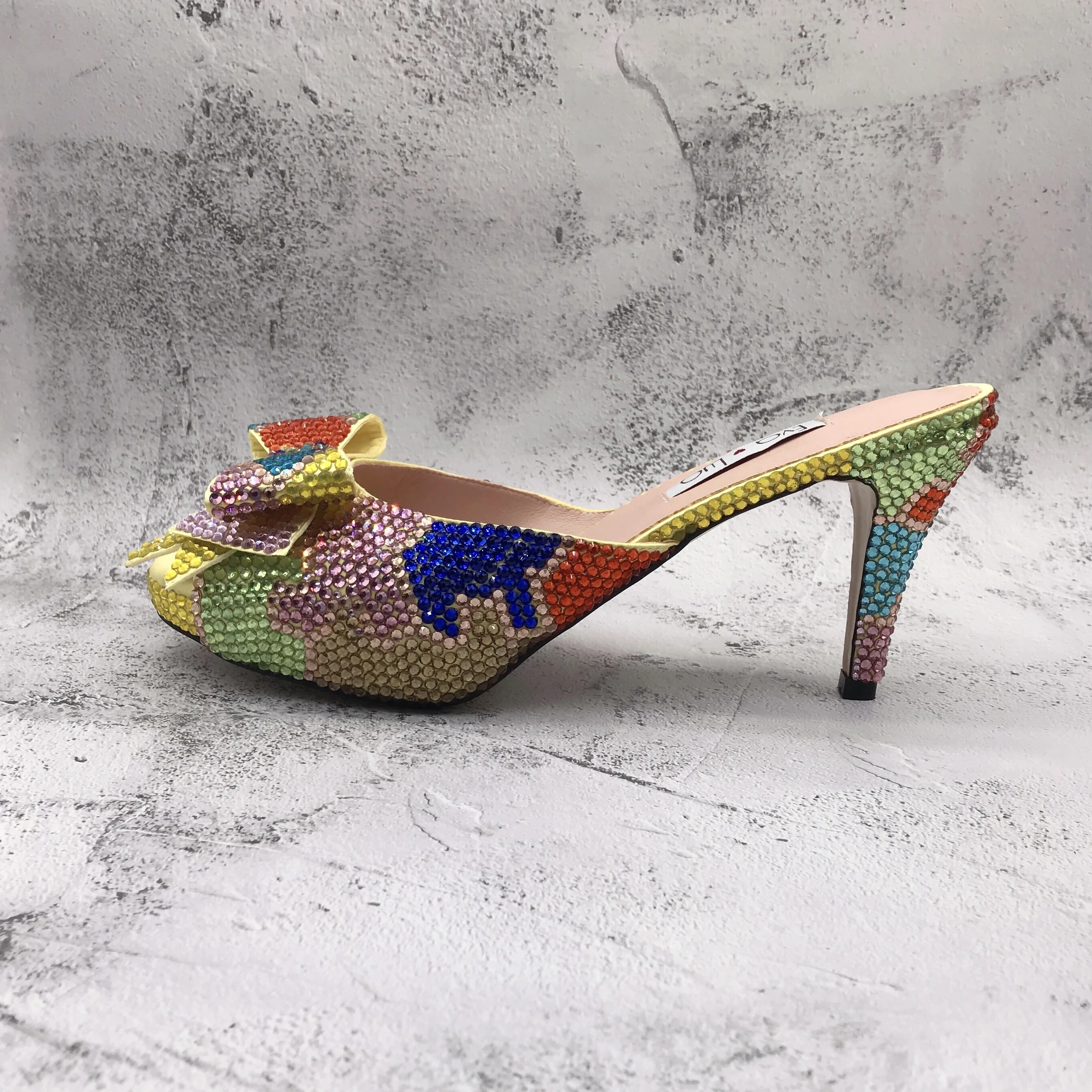 BS1549 Custom Made Various Heel Height  Dress Shoes Bridal Wedding Shoes Low Block Heel  Multicolor Crystal  Women Slipper