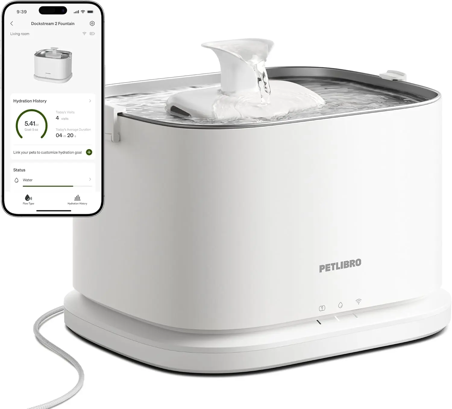 

3L Cat Water Fountain with App Monitoring, Stainless Steel Tray, 5G WiFi, Pump-Free Design