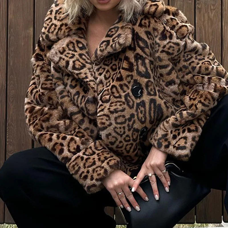 Short Version Leopard Brown Coat For Women Winter Warm Wear Niche Design Thicken Loose Thermal Long Sleeve Clothing Streetwear