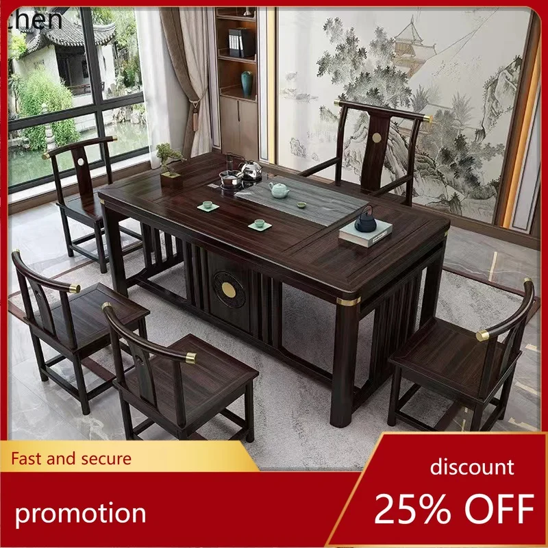ZML Solid Wood Tea Table Multi-Functional Living Room Ebony Wood Tea Table and Chair Set Tea Table