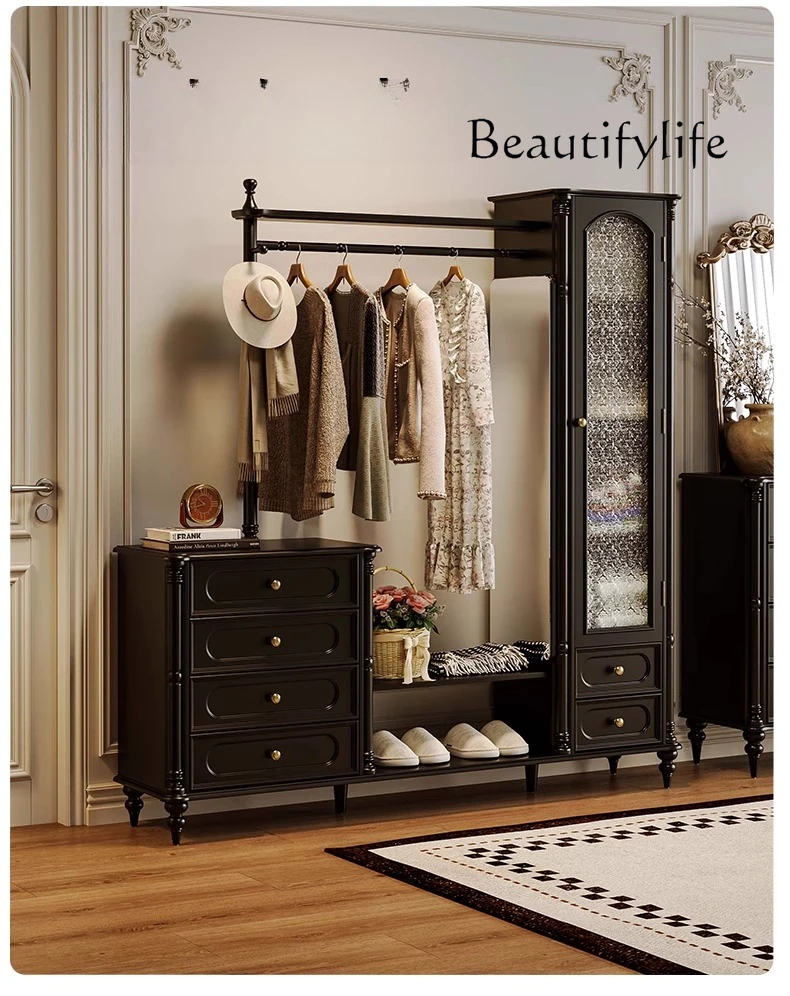 

American retro style all-solid wood chest, coat rack integrated with full-length mirror, hanger for storage