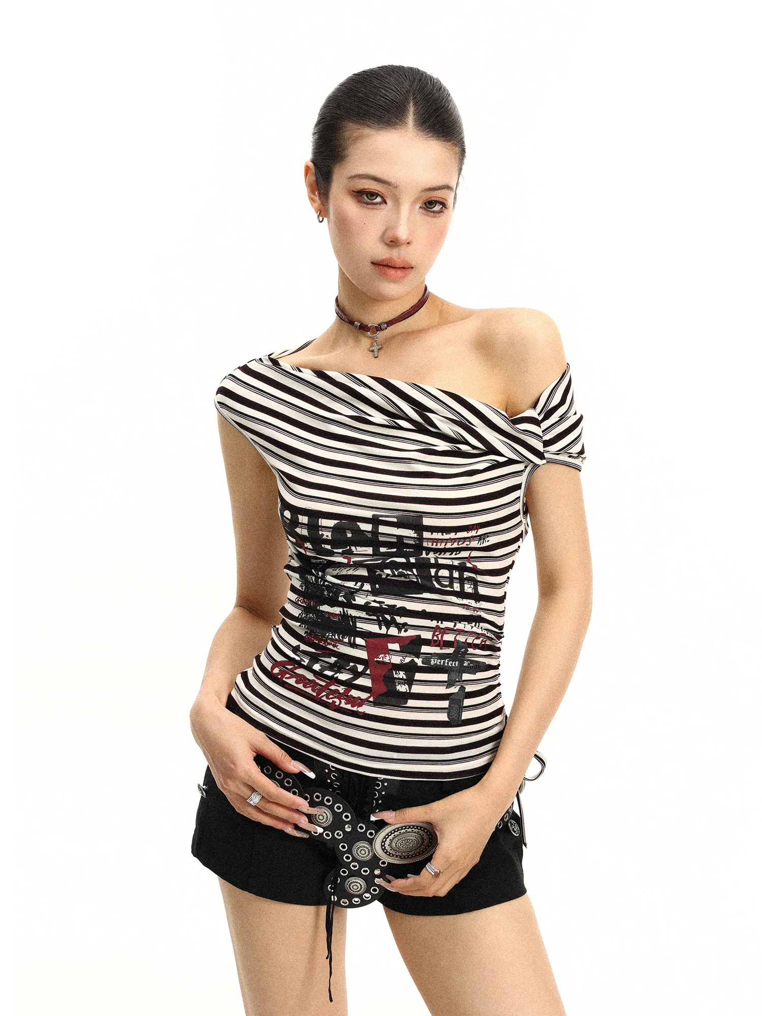 

Summer Slimming Short T-Shirt Women's Hot Girl Shoulder Bared Creative Pattern Printed Slim Fit Casual Top American Style