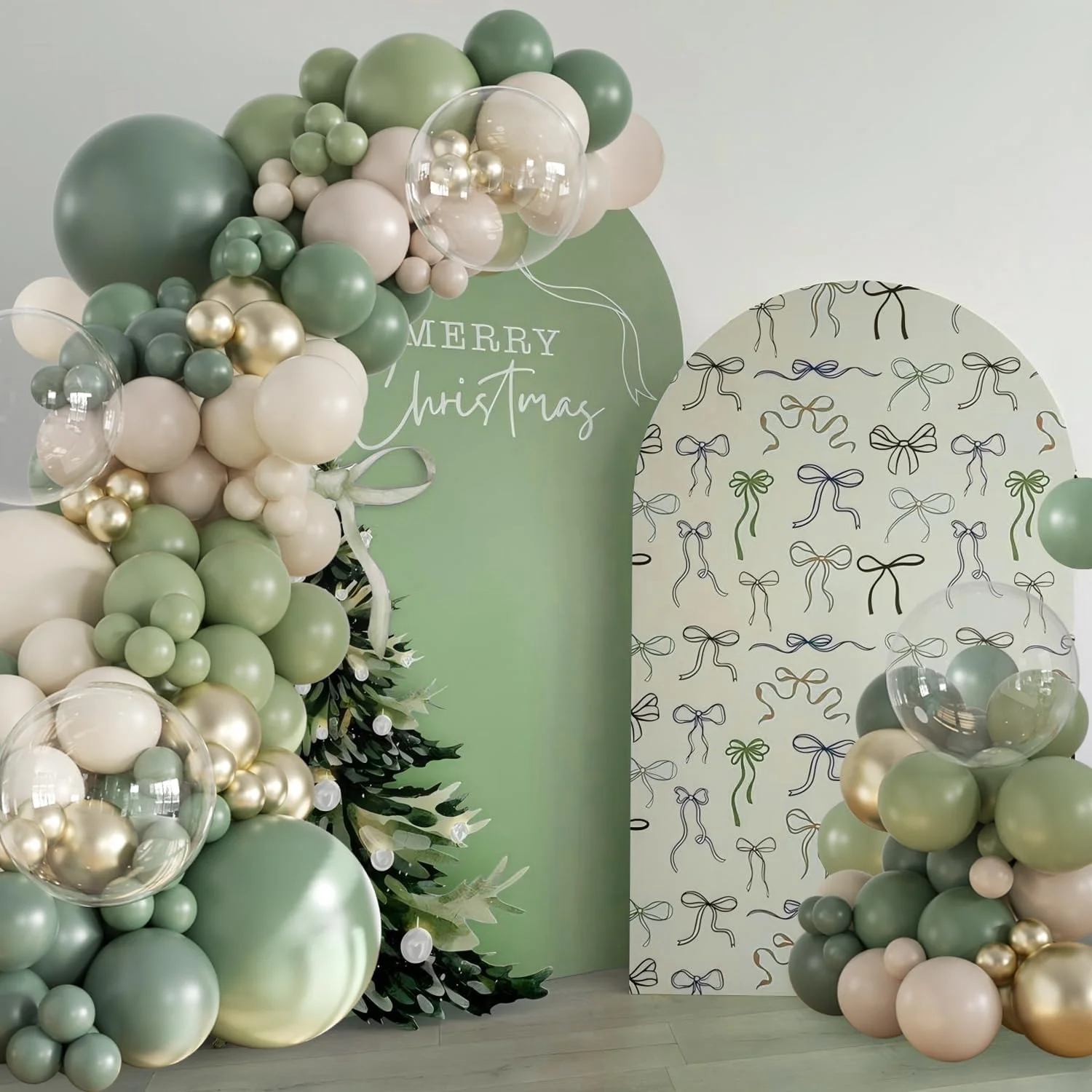 Sage Green Gold White Clear Balloon Arch Kit Sage Light Sand Latex Balloons Wedding Engagement Bridal Baby Shower Birthday Anniv view 5