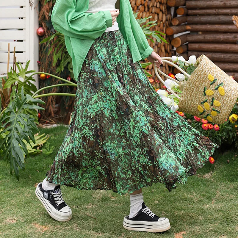 Luxury Vintage Ombre Rose Maxi Dress High-waisted Draped Pleated A-line Skirt Trendy Women's Printed Pleated Skirt Elastic Waist