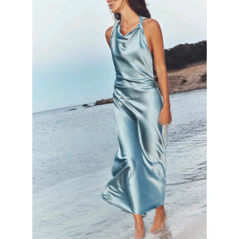 Early Autumn Silk Satin Long Dr Midi Dr High Waist A-Line Skirt Svel round Neline Commute Sle Summer Faion