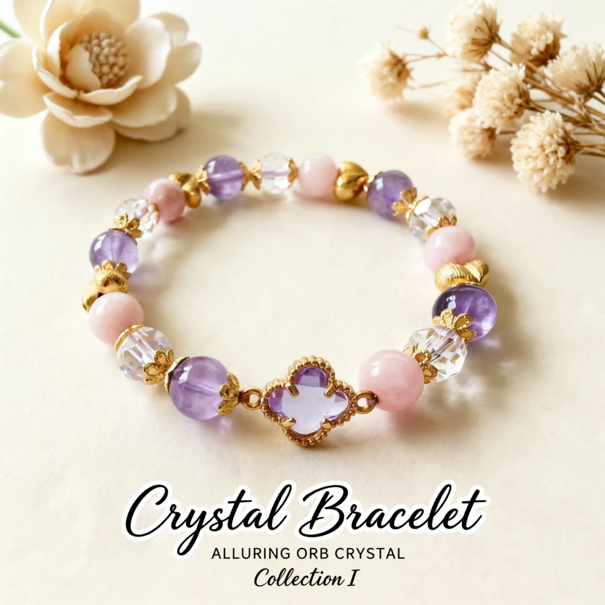 Chinese Style Lucky Amethyst Four Leaf Clover Bracelet 8mm Natural Quartz Stone Beaded Bracelet Blessing Fortune Good Luck Elega