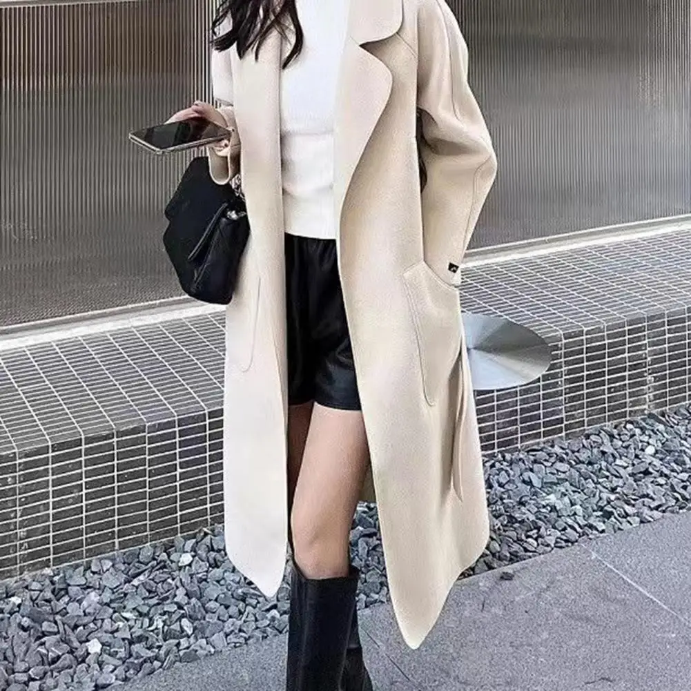 

Long-sleeve Coat Women's Mid-length Solid Color Overcoat with Turn-down Collar Open Stitch Pockets Warm Thick Fabric for Fall