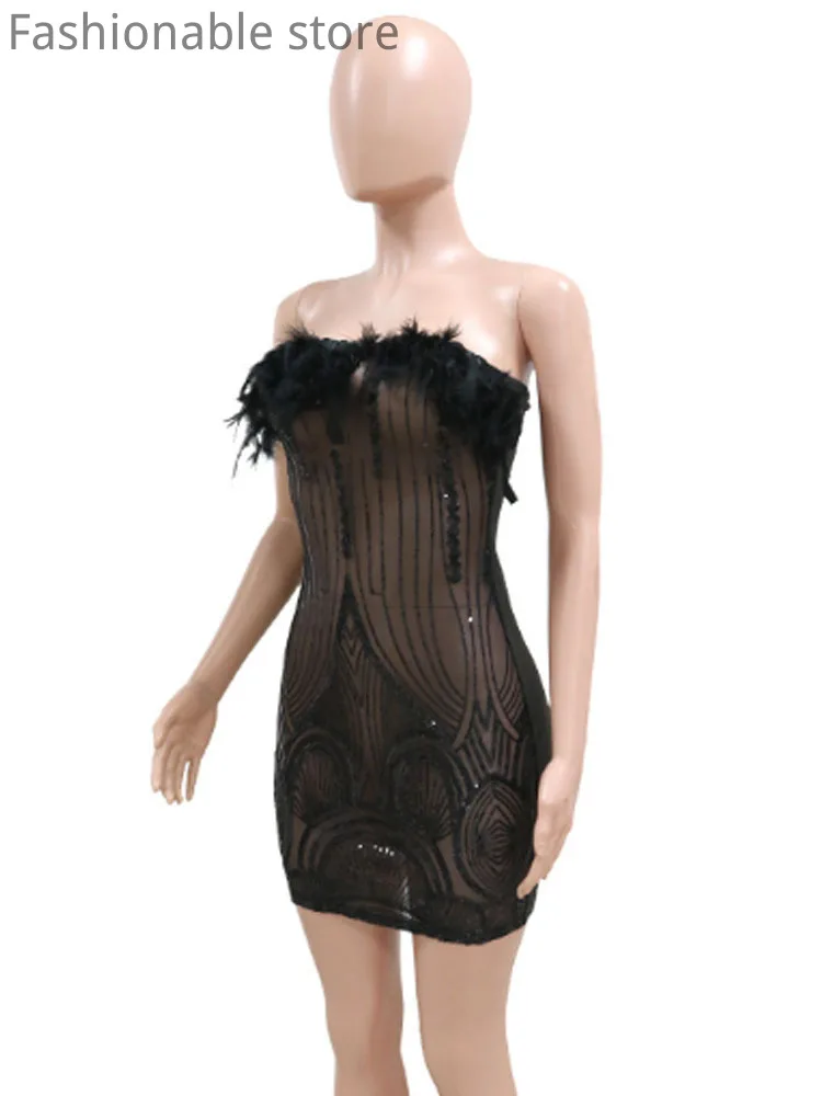 Robe de soirée Bandeau Sexy pour femmes, couleur unie, maille transparente, Patchwork, paillettes, plumes, décor