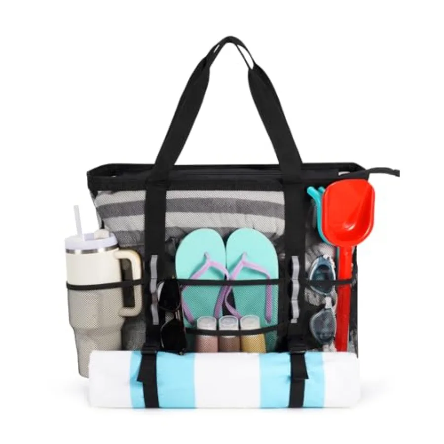 Mesh Beach Bag for Women Beach Tote Bags with 40oz Tumbler Side Pockets Family Pool Bag Cruise Vacation Essentials X-Large Blac